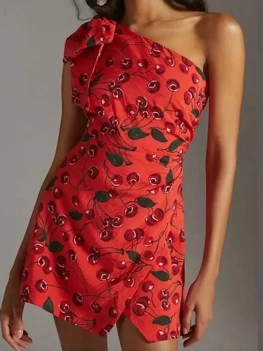 Maeve Anthropologie Red Cherry-Print One-Shoulder Mini Dress